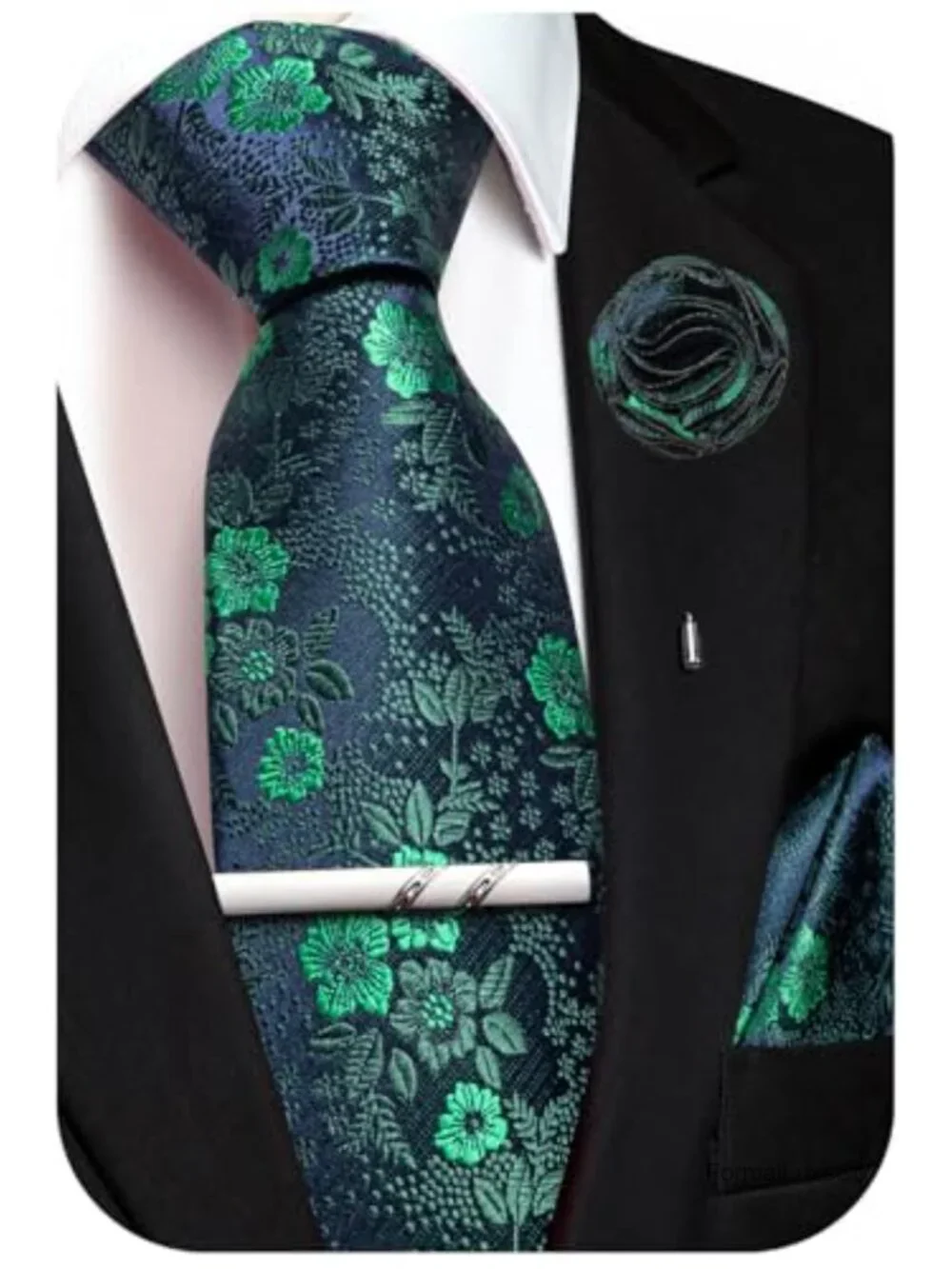 Men's Silk Tie Set with Floral Design, Necktie & Pocket Square